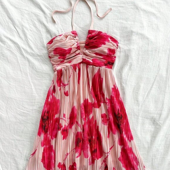 Red Boho Women's Tie Dye Floral Print Bowknot Tie-Neck Dress - Picture 5 of 5